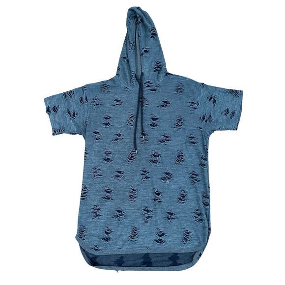 Becker & Mercer Mens Navy Blue Thrashed Distressed Hooded T Shirt Sz L Grunge - Picture 1 of 11